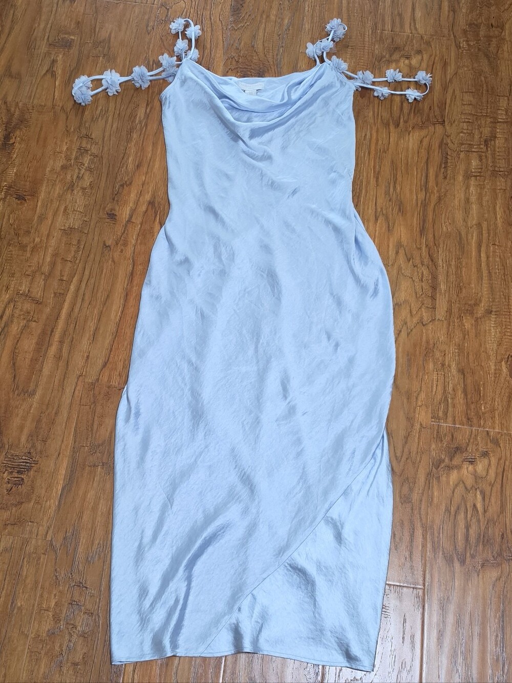 NWT Caroline Constas Powder Blue Cowl Maxi Dress 3D Flower Applique Straps Satin